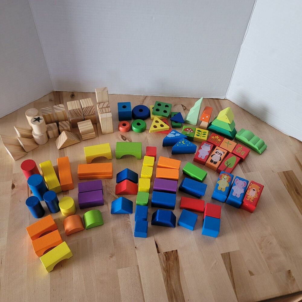 Wooden Blocks Toy Set 90 Piece Classic Building Block Toys Kids Bricks Games
